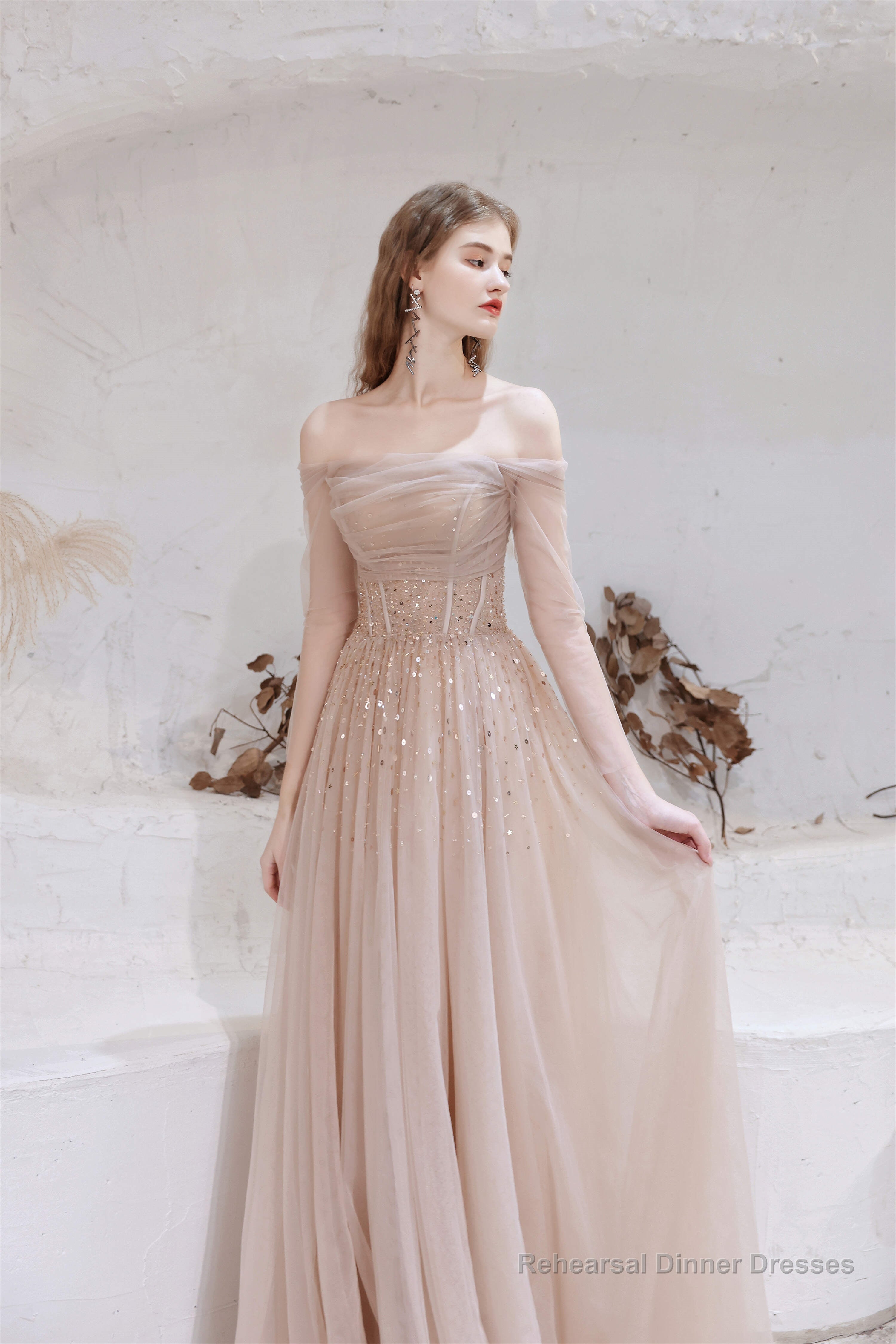 A-Line Strapless Off The Shoulder Lace Up Beading Tulle Long Prom Dresses Secondary image