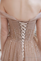 A-Line Strapless Off The Shoulder Lace Up Beading Tulle Long Prom Dresses