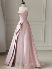 A Line Strapless Pink Party Dress Long Satin Evening Prom Dress