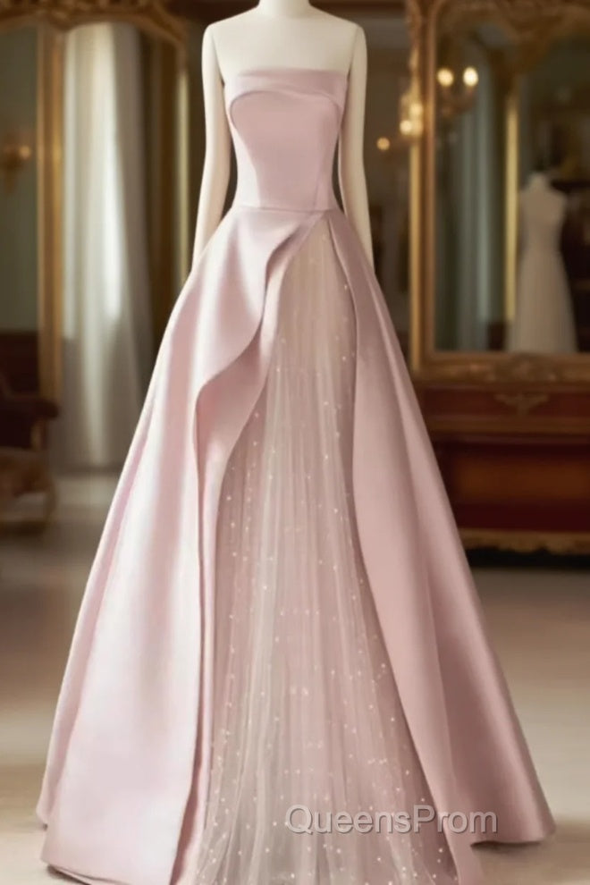 A Line Strapless Pink Party Dress Long Satin Evening Prom Dress Main image