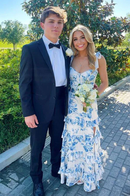 A-Line Strapless Print Sleeveless Tiered Long Classy Prom Dress
