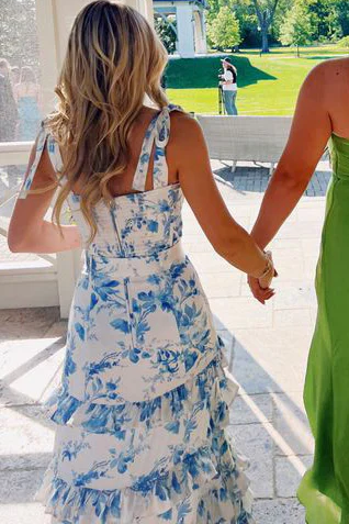 A-Line Strapless Print Sleeveless Tiered Long Classy Prom Dress