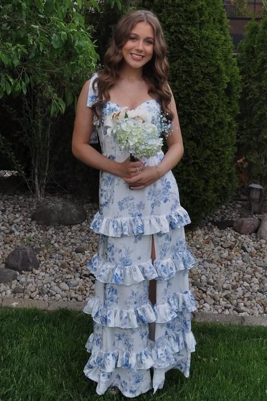 A-Line Strapless Print Sleeveless Tiered Long Classy Prom Dress