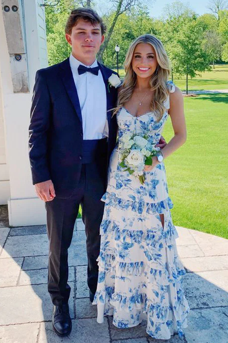 A-Line Strapless Print Sleeveless Tiered Long Classy Prom Dress