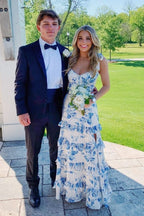 A-Line Strapless Print Sleeveless Tiered Long Classy Prom Dress