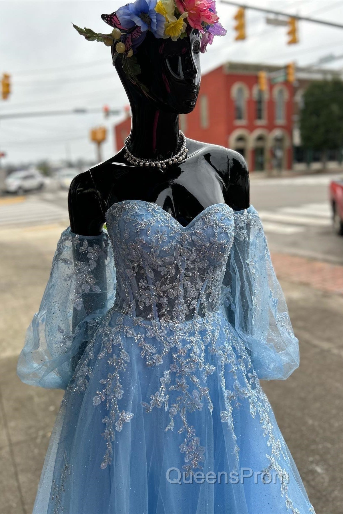 A-line Strapless Puff Long Sleeves Beaded Appliques Long Formal Evening Prom Dress