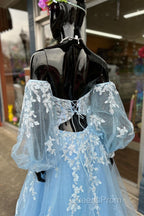 A-line Strapless Puff Long Sleeves Beaded Appliques Long Formal Evening Prom Dress