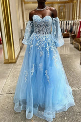 A-line Strapless Puff Long Sleeves Beaded Appliques Long Formal Evening Prom Dress