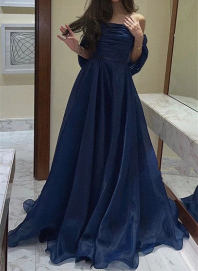 A Line Strapless Royal Blue Long Classy Prom Dress With Straps