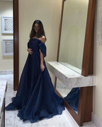 A Line Strapless Royal Blue Long Classy Prom Dress With Straps