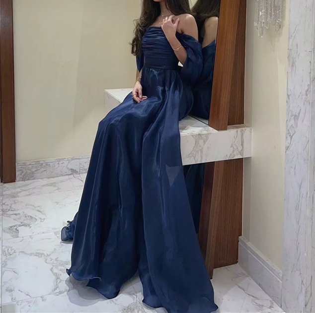 A Line Strapless Royal Blue Long Classy Prom Dress With Straps