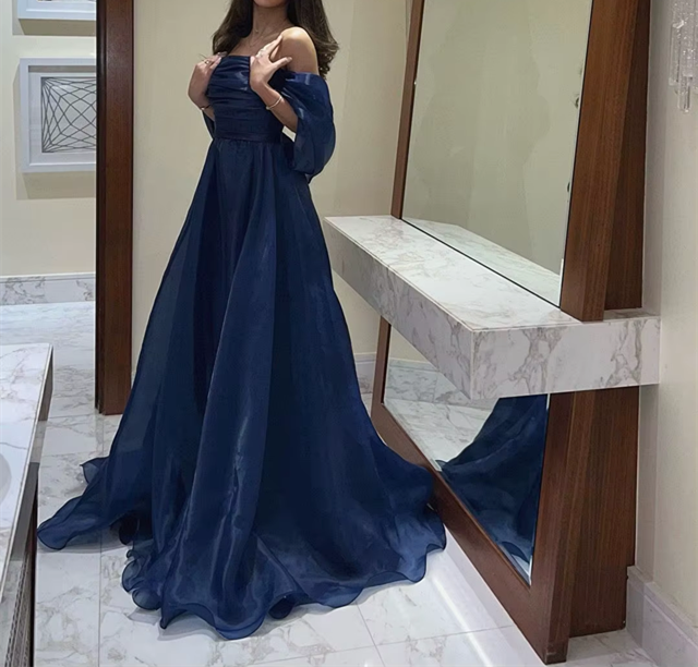 A Line Strapless Royal Blue Long Classy Prom Dress With Straps