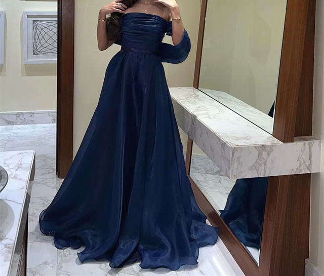 A Line Strapless Royal Blue Long Classy Prom Dress With Straps