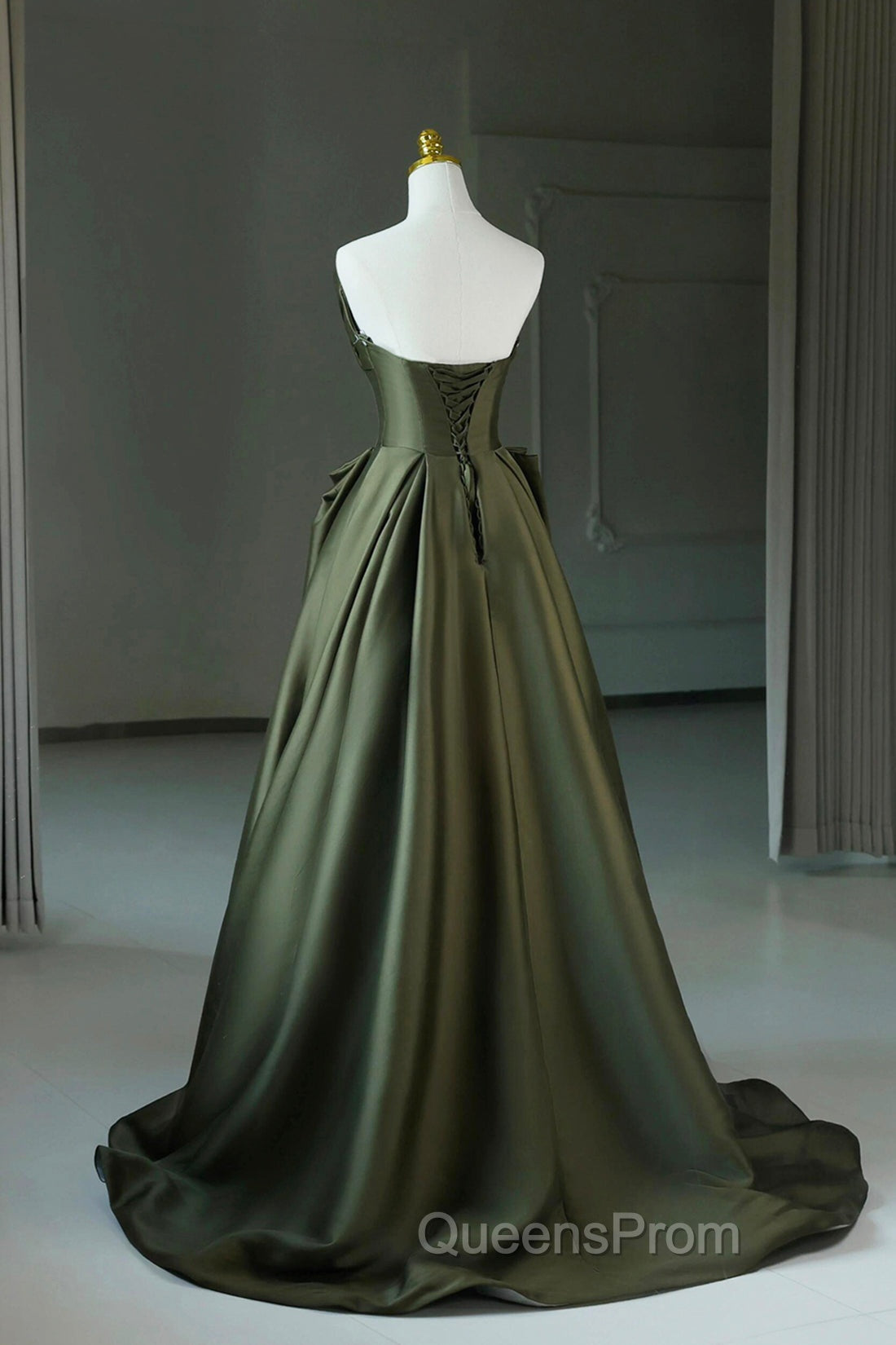 A-Line Strapless Satin Long Evening Prom Dress, Dark Green Evening Party Dress Secondary image