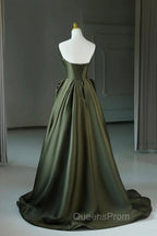 A-Line Strapless Satin Long Evening Prom Dress, Dark Green Evening Party Dress