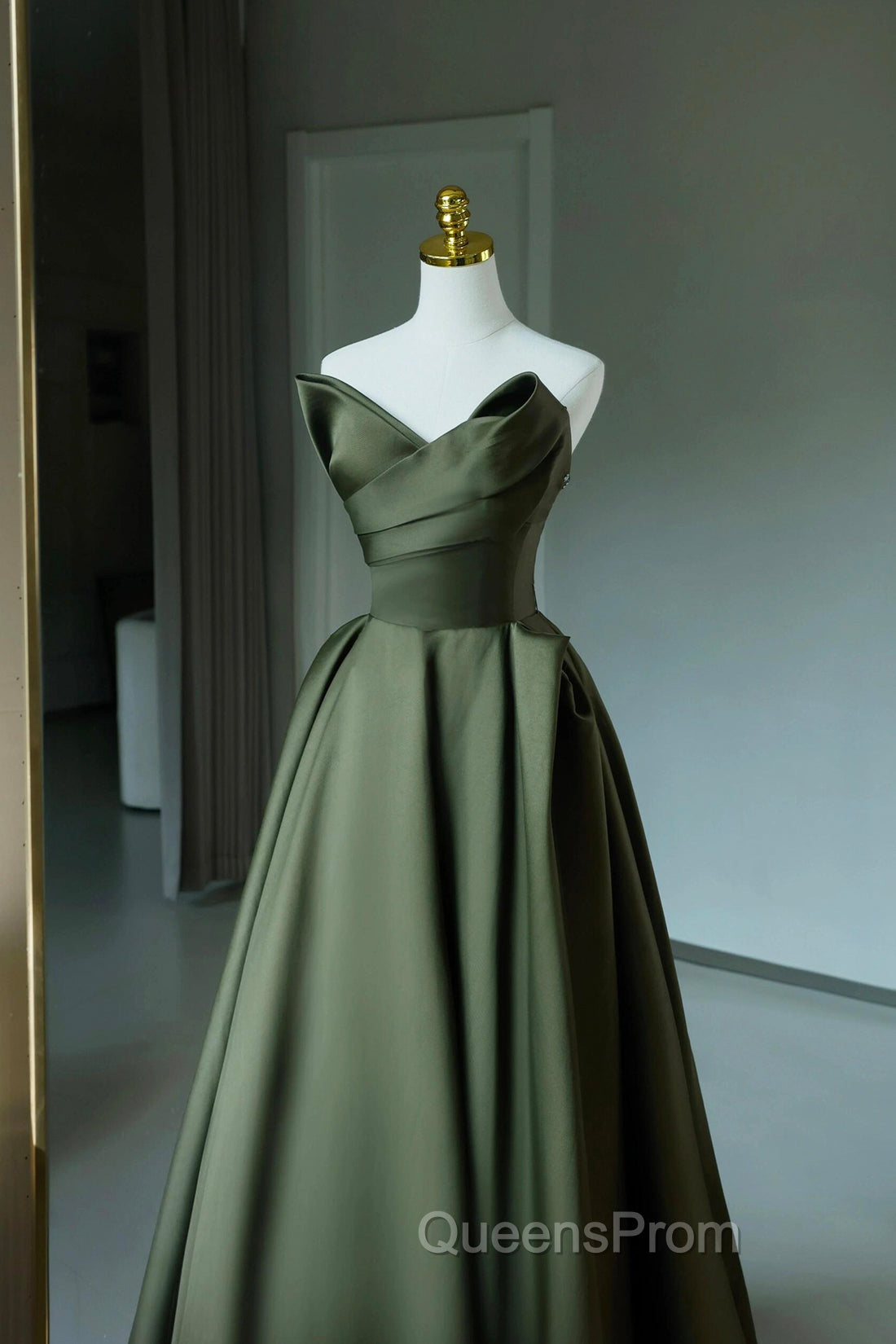 A-Line Strapless Satin Long Evening Prom Dress, Dark Green Evening Party Dress
