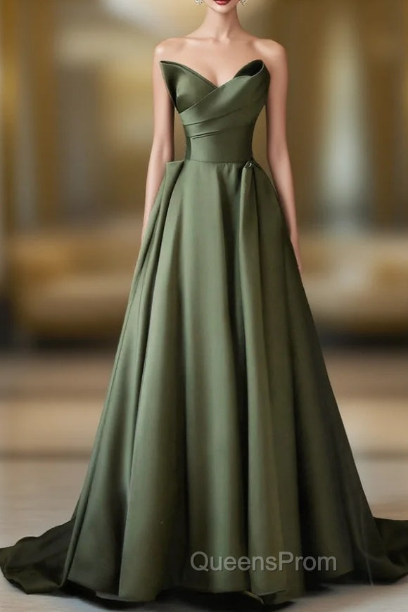 A-Line Strapless Satin Long Evening Prom Dress, Dark Green Evening Party Dress Main image