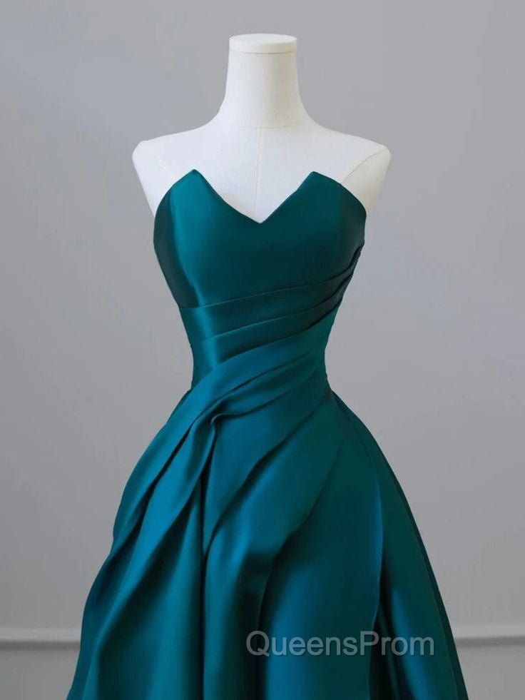 A-Line Strapless Satin Peacock Blue Long Evening Prom Dress, Simple Peacock Blue Evening Dress Secondary image