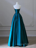 A-Line Strapless Satin Peacock Blue Long Evening Prom Dress, Simple Peacock Blue Evening Dress