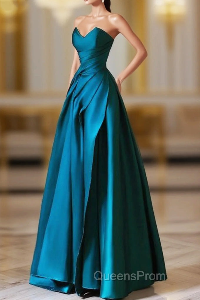 A-Line Strapless Satin Peacock Blue Long Evening Prom Dress, Simple Peacock Blue Evening Dress Main image