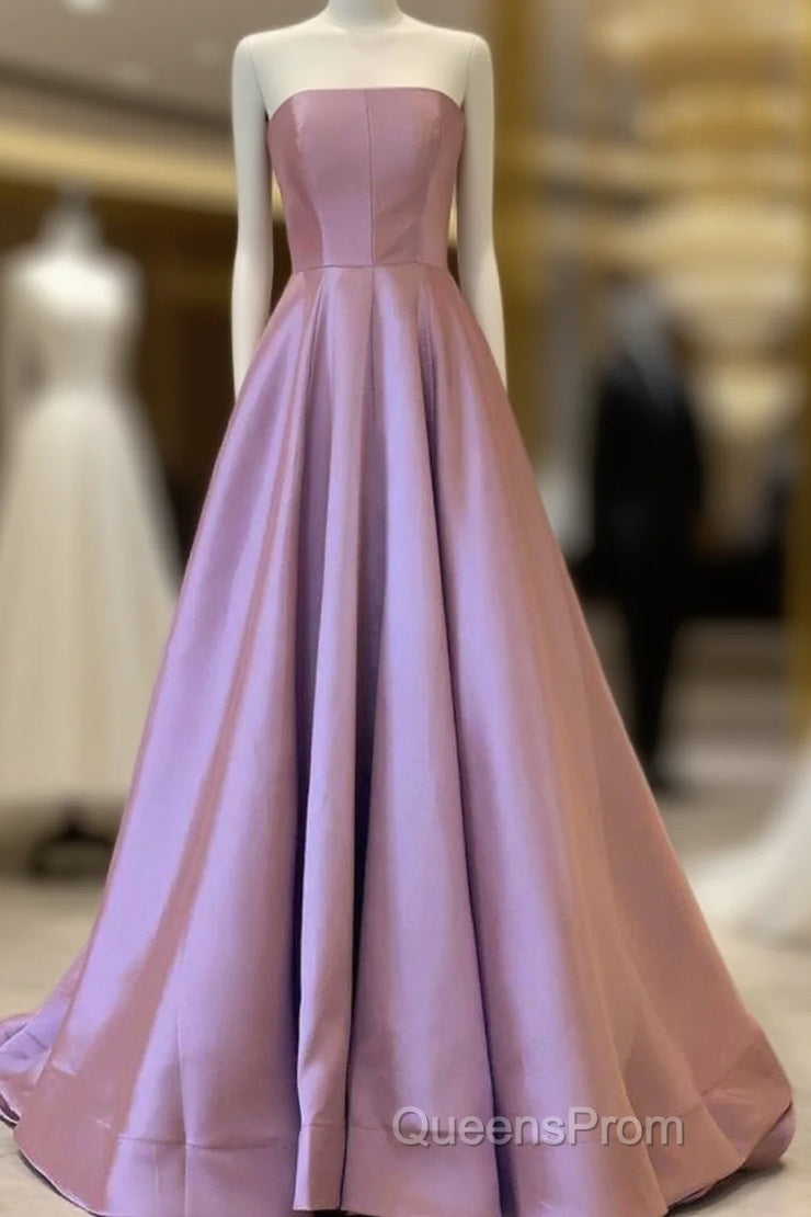 A-Line Strapless Satin Evening Prom Dress Mauve Pink Formal Gown Floor Length Main image