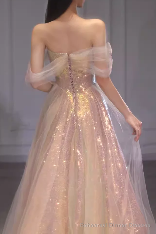 A Line Strapless Sequin Pink Prom Dresses Long Evening Dress