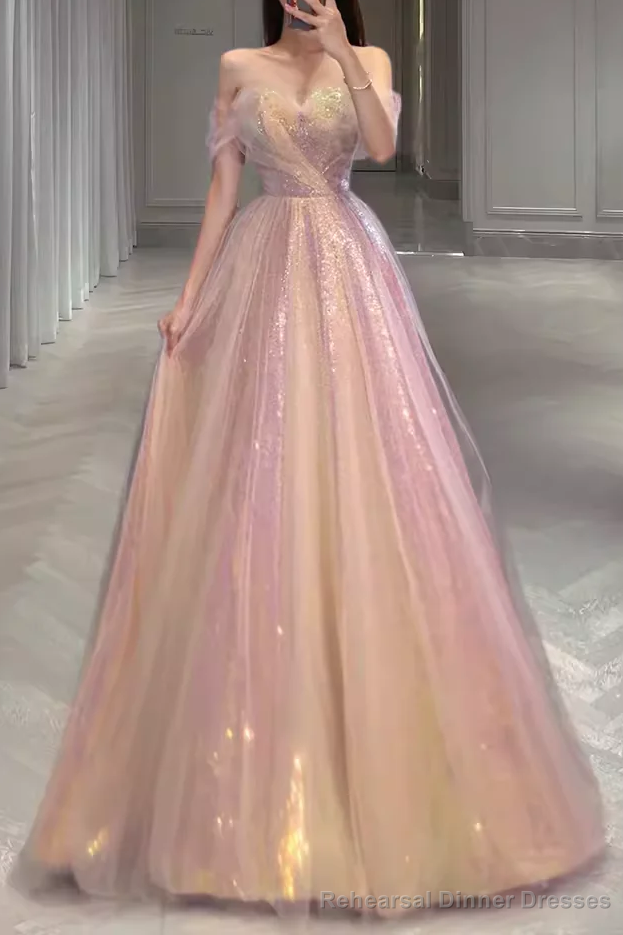 A Line Strapless Sequin Pink Prom Dresses Long Evening Dress Main image