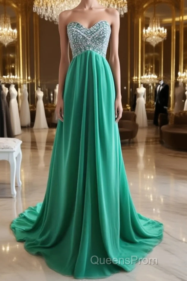 A-Line Strapless Sweetheart Neck Green Chiffon Long Evening Prom Dress, Green Evening Dress Main image