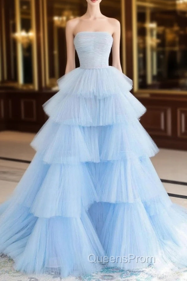 A line Strapless Tiered Tulle Evening Prom Dress Main image