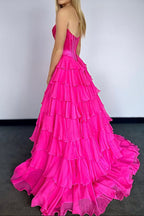 A-Line Strapless V-Neck Tiered Empire-Waist Long Classy Prom Dress