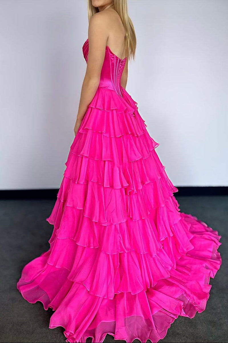 A-Line Strapless V-Neck Tiered Empire-Waist Long Classy Prom Dress
