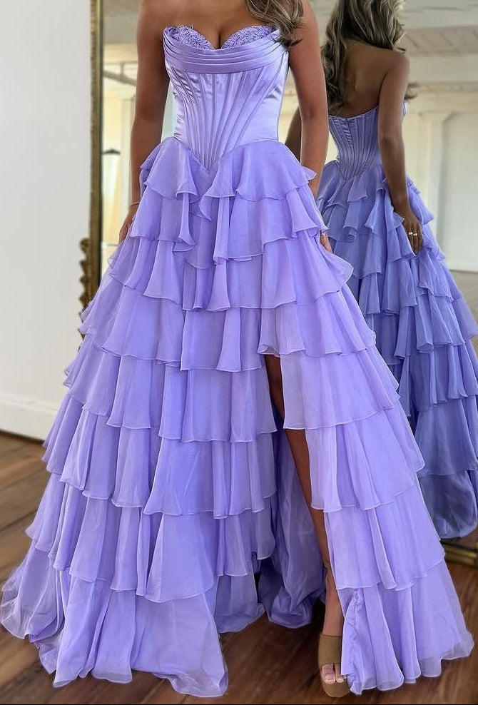 A-Line Strapless V-Neck Tiered Empire-Waist Long Classy Prom Dress