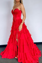 A-Line Strapless V-Neck Tiered Empire-Waist Long Classy Prom Dress