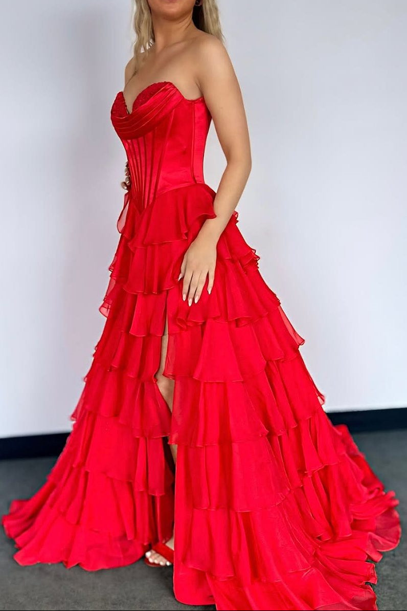 A-Line Strapless V-Neck Tiered Empire-Waist Long Classy Prom Dress
