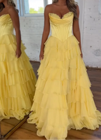 A-Line Strapless V-Neck Tiered Empire-Waist Long Classy Prom Dress