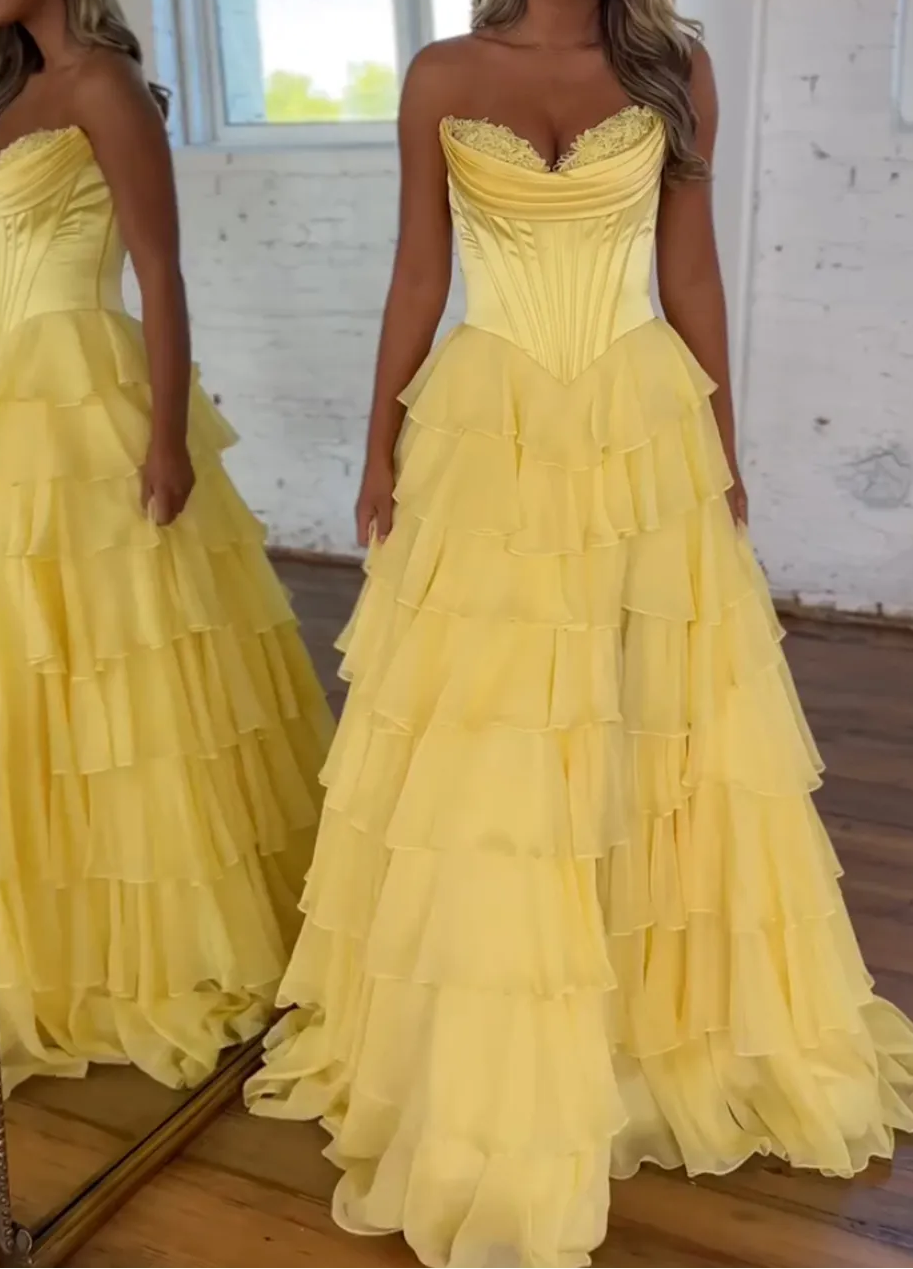 A-Line Strapless V-Neck Tiered Empire-Waist Long Classy Prom Dress