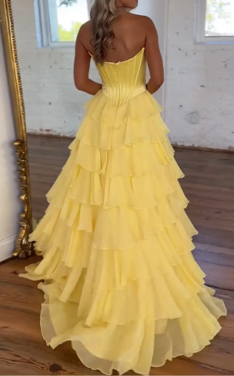 A-Line Strapless V-Neck Tiered Empire-Waist Long Classy Prom Dress