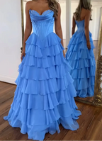 A-Line Strapless V-Neck Tiered Empire-Waist Long Classy Prom Dress