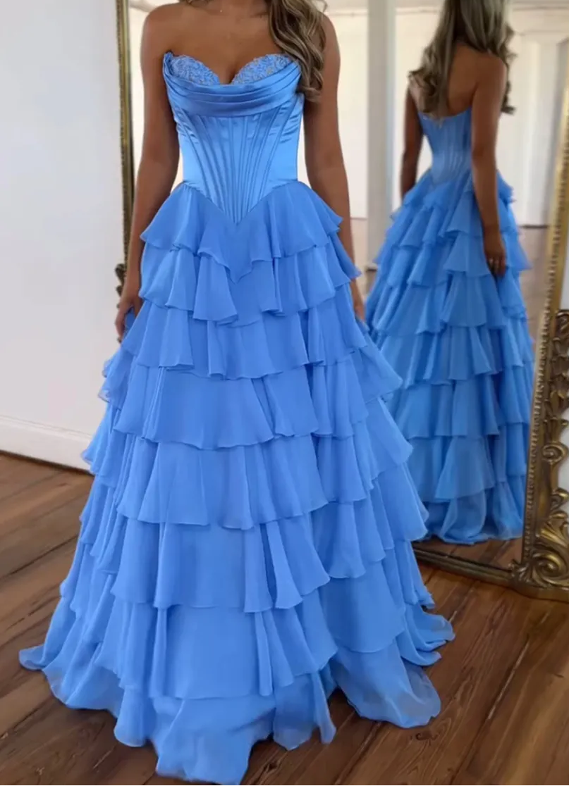 A-Line Strapless V-Neck Tiered Empire-Waist Long Classy Prom Dress