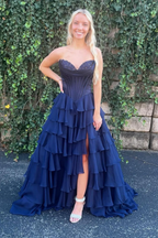 A-Line Strapless V-Neck Tiered Empire-Waist Long Classy Prom Dress