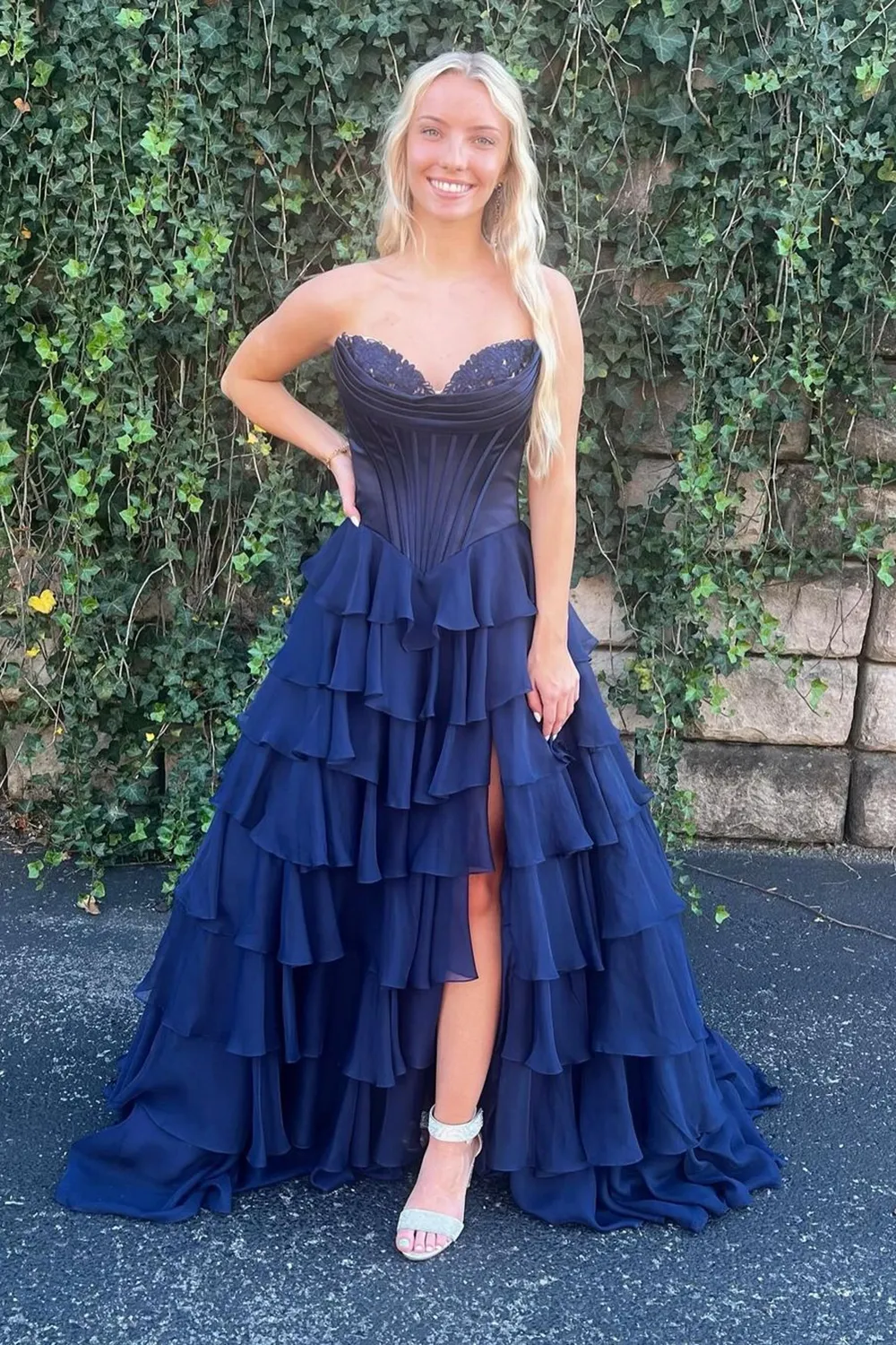 A-Line Strapless V-Neck Tiered Empire-Waist Long Classy Prom Dress