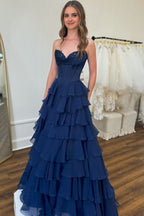 A-Line Strapless V-Neck Tiered Empire-Waist Long Classy Prom Dress