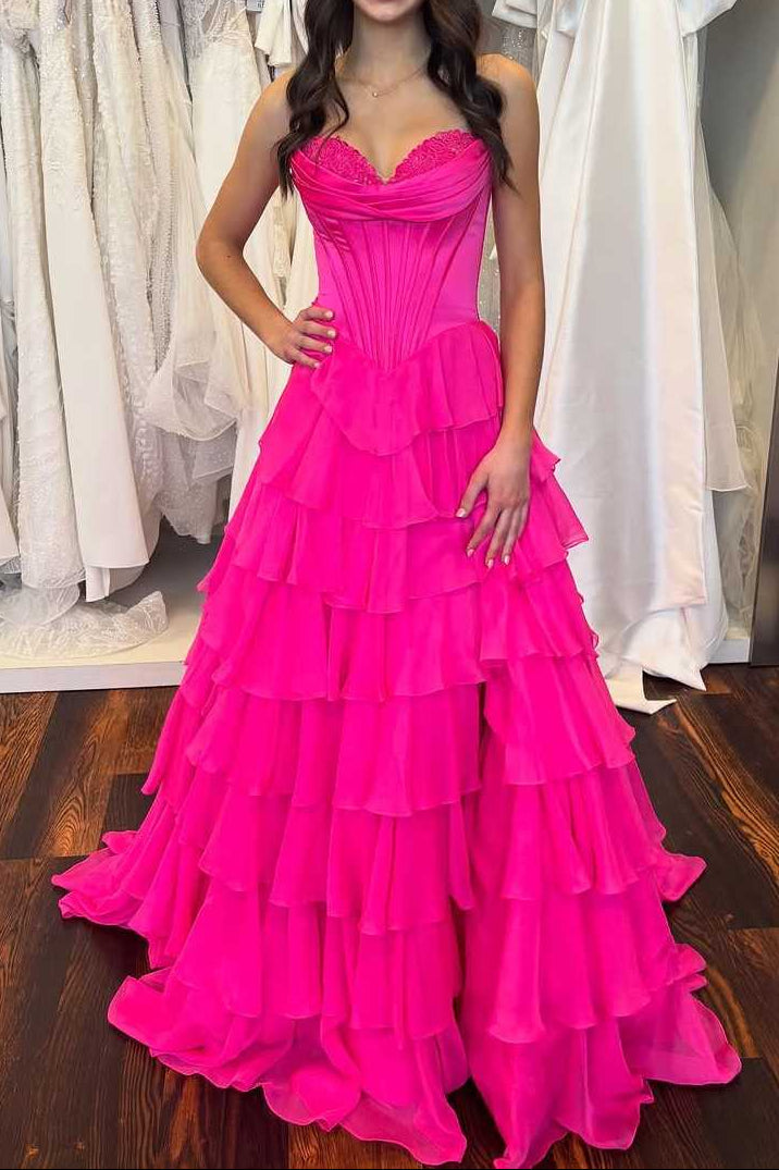 A-Line Strapless V-Neck Tiered Empire-Waist Long Classy Prom Dress