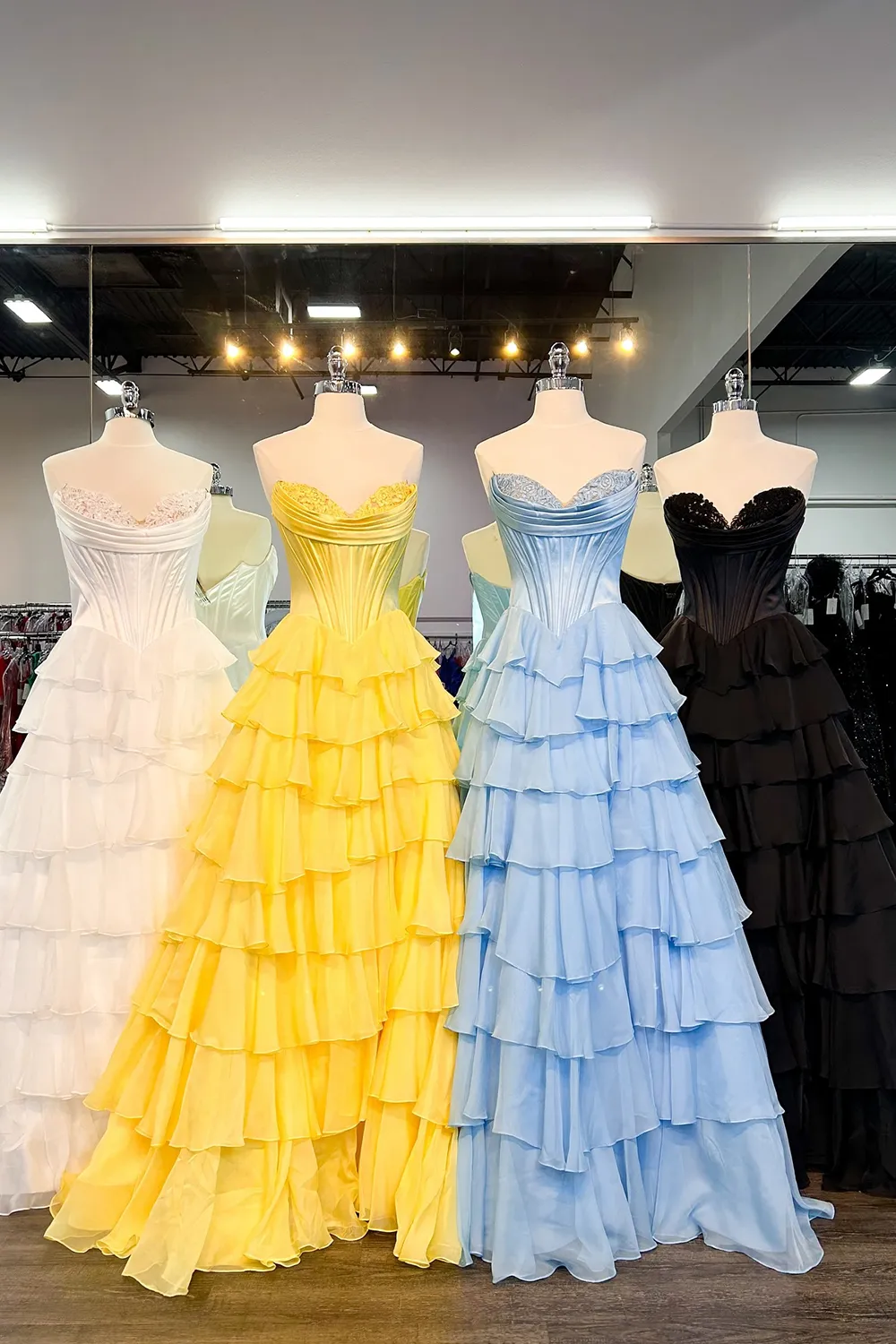 A-Line Strapless V-Neck Tiered Empire-Waist Long Classy Prom Dress
