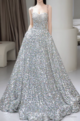 A line Straps Evening Party Dress Sequin Long Prom Dress