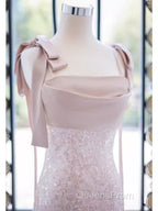 A Line Straps Pink Satin Long Evening Prom Dress