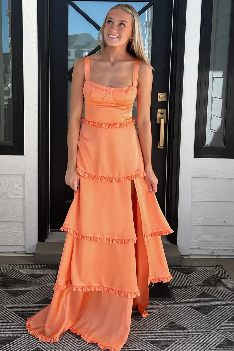 A-Line Straps Scoop Layered Satin Sleeveless Classy Prom Dress With Slit Secondary image