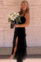 A-Line Straps Scoop Layered Satin Sleeveless Classy Prom Dress With Slit