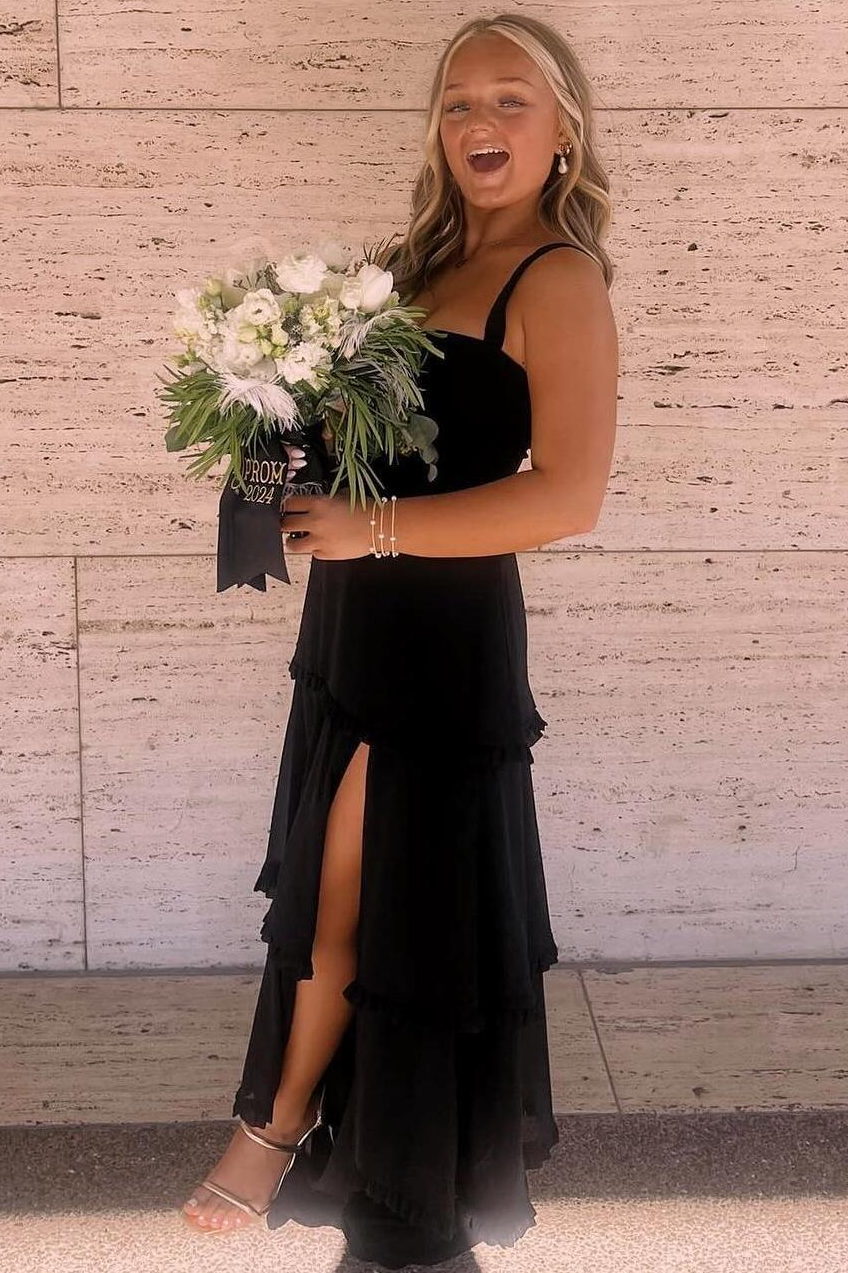 A-Line Straps Scoop Layered Satin Sleeveless Classy Prom Dress With Slit