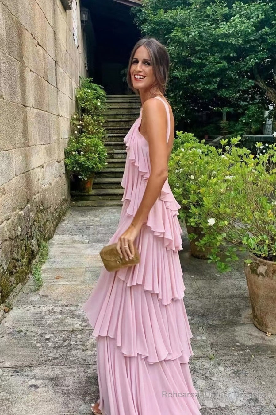 A Line Straps Tiered Chiffon Floor Length Long Prom Dress Pink Formal Evening Dresses Main image